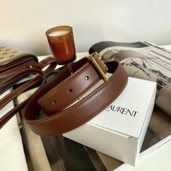 Saint Laurent Dark Brown Belt 3cm 90cm - Gold YSL Buckle - With Box & Dust Bag - Picture 5 of 6